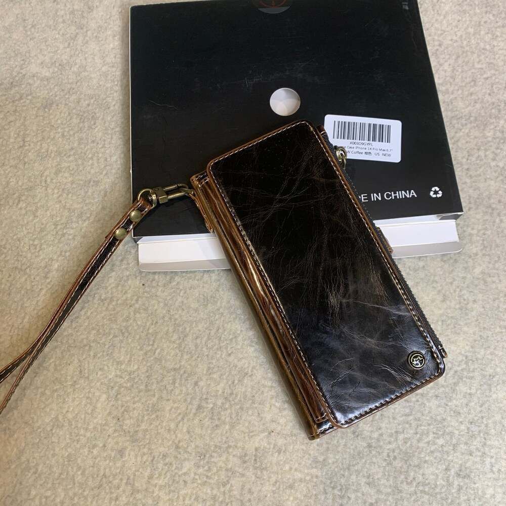 Defencase Brown Leather Wallet Case for iPhone 14 Pro Max with Zipper Pocket and